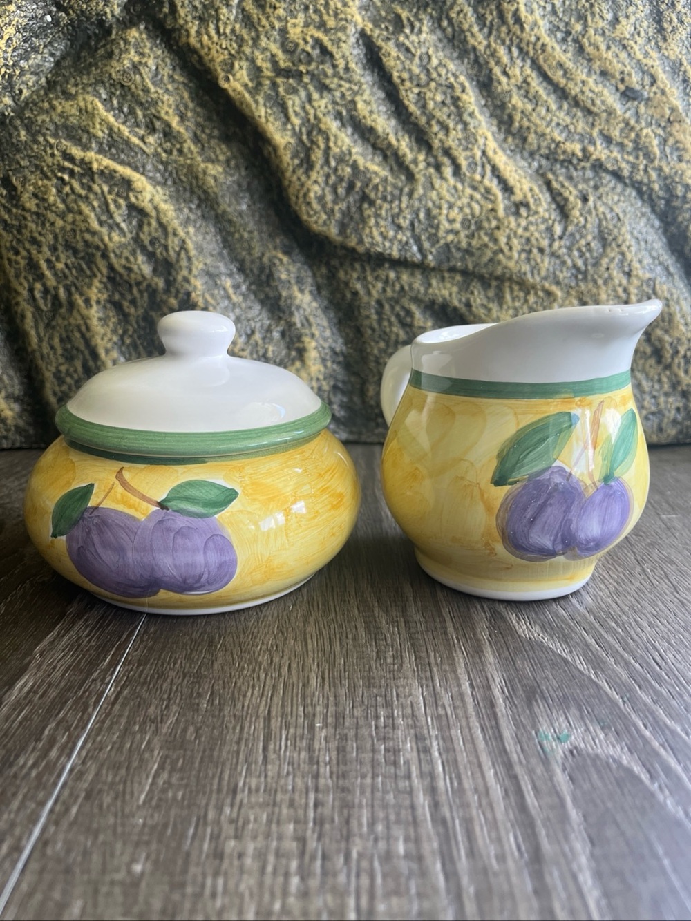 CALECA FRUTTA VTG Yellow Hand-Painted Fruit Ceramic Sugar and Creamer Set